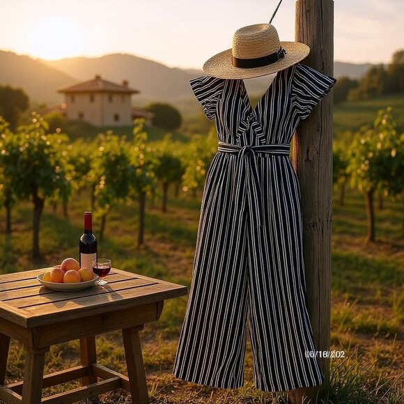 Crystal Sky Pants - Crystal Sky Jumpsuit Navy White Stripe Boating Beach Travel Belt Cap Sleeve Sz 3
